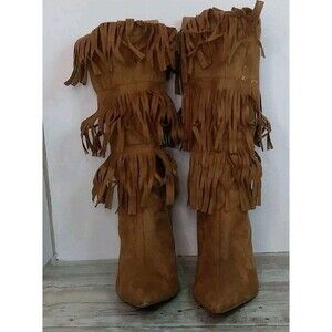 Charlotte russe women's Fringed  Pointed  toe  Brown suede Boots High heel  Sz 6